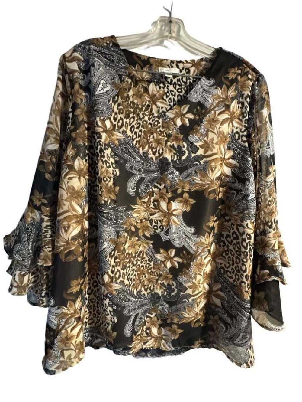 EST 1946 Animal Print & Paisley Floral Layered Bell Sleeve V-Neck Top